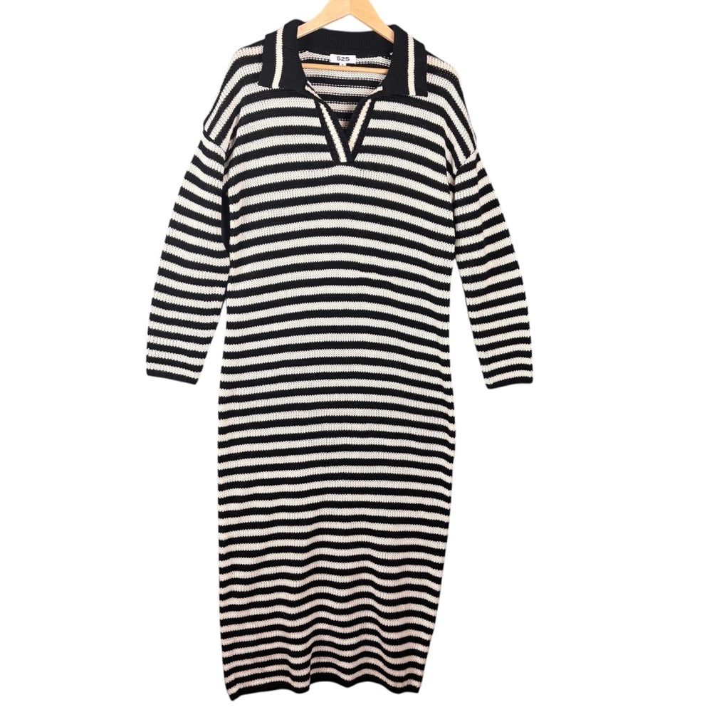 525 America Black and Cream Striped Long Sleeve Knit Dress